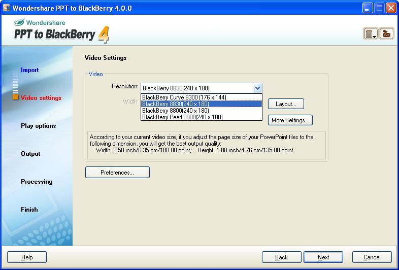 Screenshot of Wondershare PPT to BlackBerry